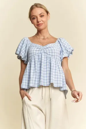 Davi & Dani Plaid Puff Sleeves Ruffled Smocked Blouse