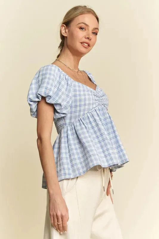 Davi & Dani Plaid Puff Sleeves Ruffled Smocked Blouse