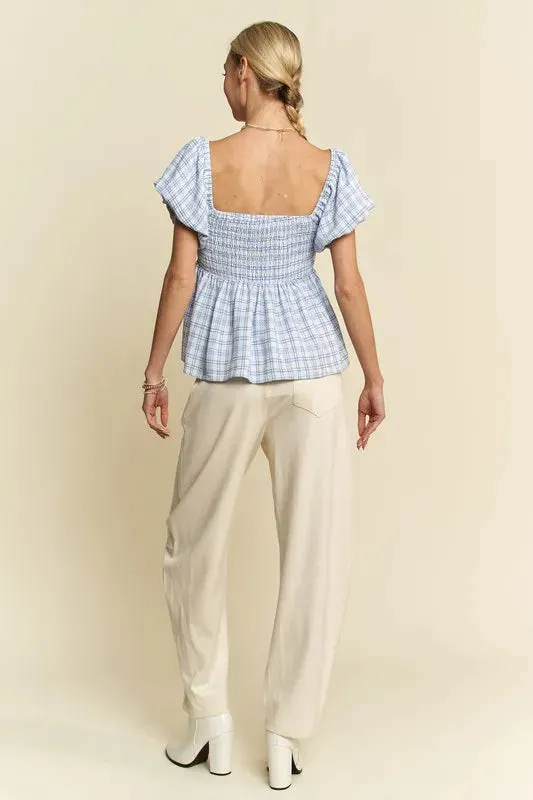 Davi & Dani Plaid Puff Sleeves Ruffled Smocked Blouse