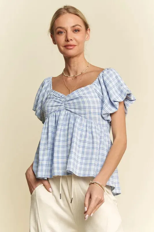 Davi & Dani Plaid Puff Sleeves Ruffled Smocked Blouse