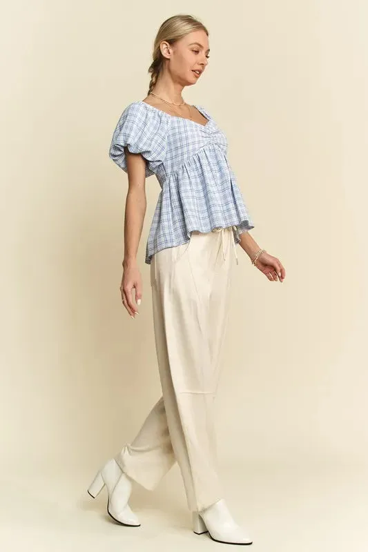 Davi & Dani Plaid Puff Sleeves Ruffled Smocked Blouse