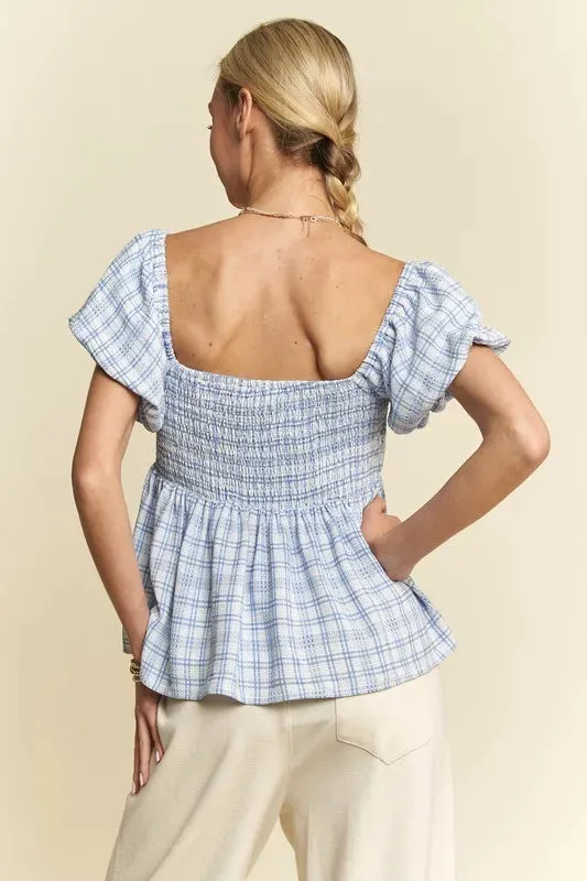 Davi & Dani Plaid Puff Sleeves Ruffled Smocked Blouse