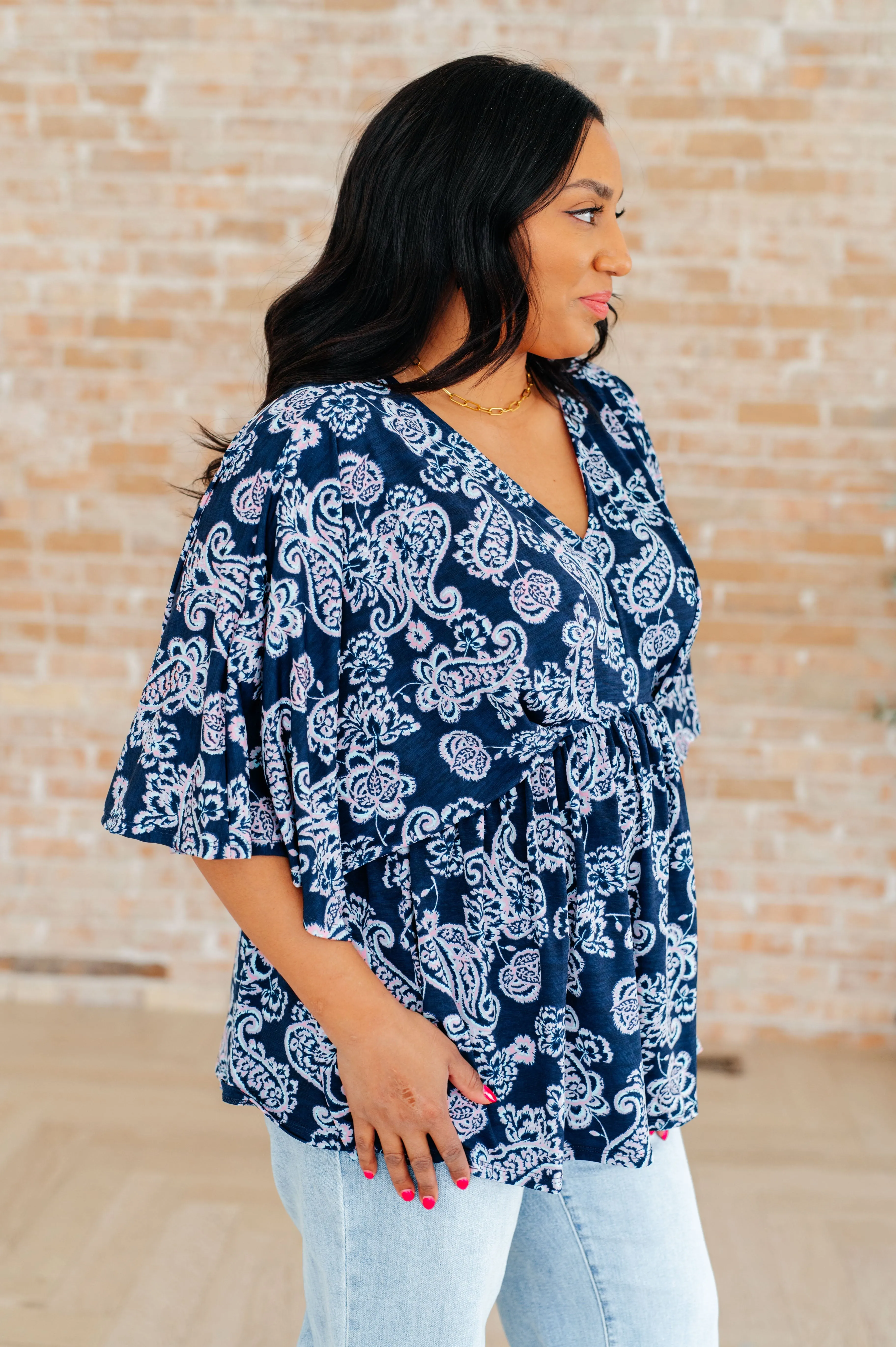 Dear Scarlett Navy and Pink Paisley Dreamer Peplum Top