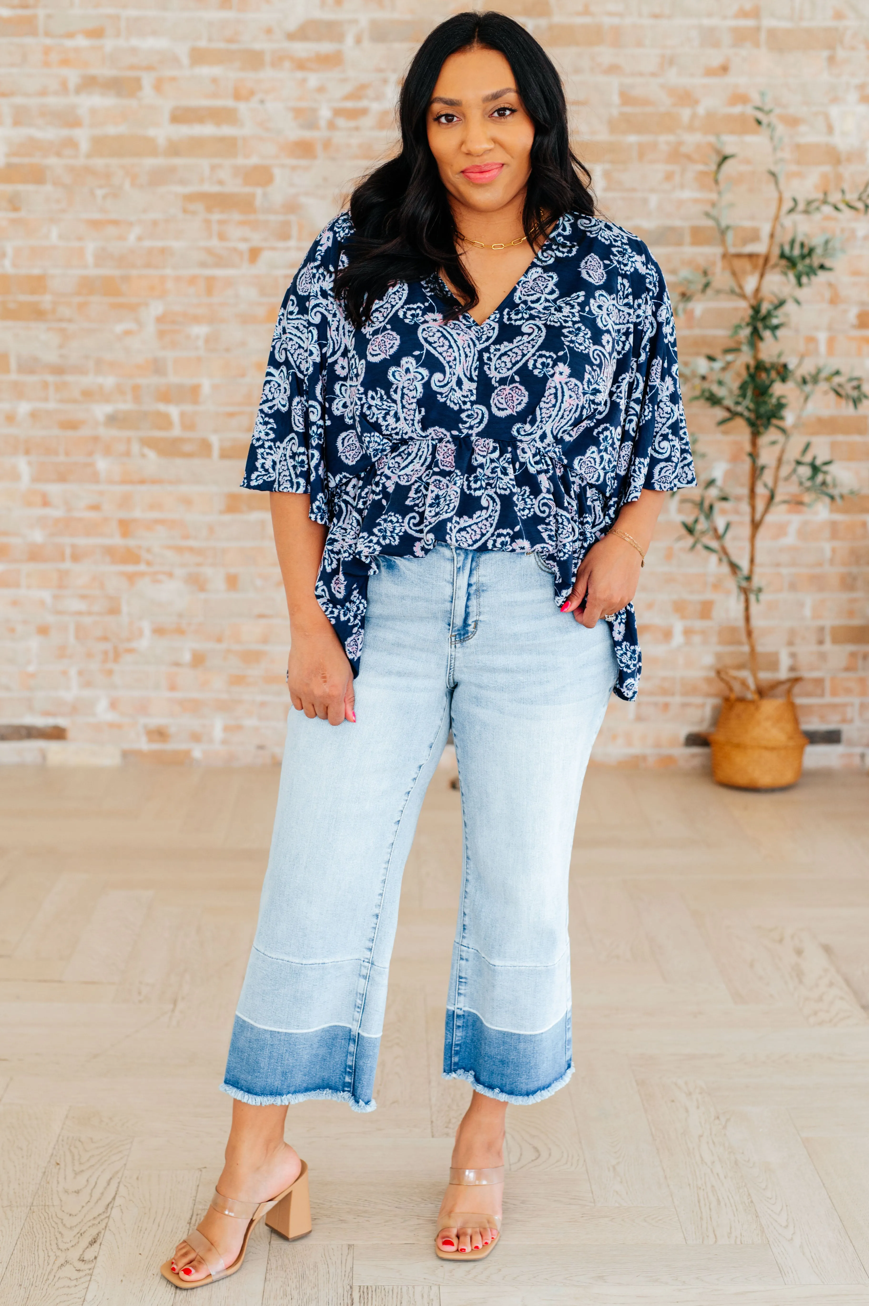 Dear Scarlett Navy and Pink Paisley Dreamer Peplum Top