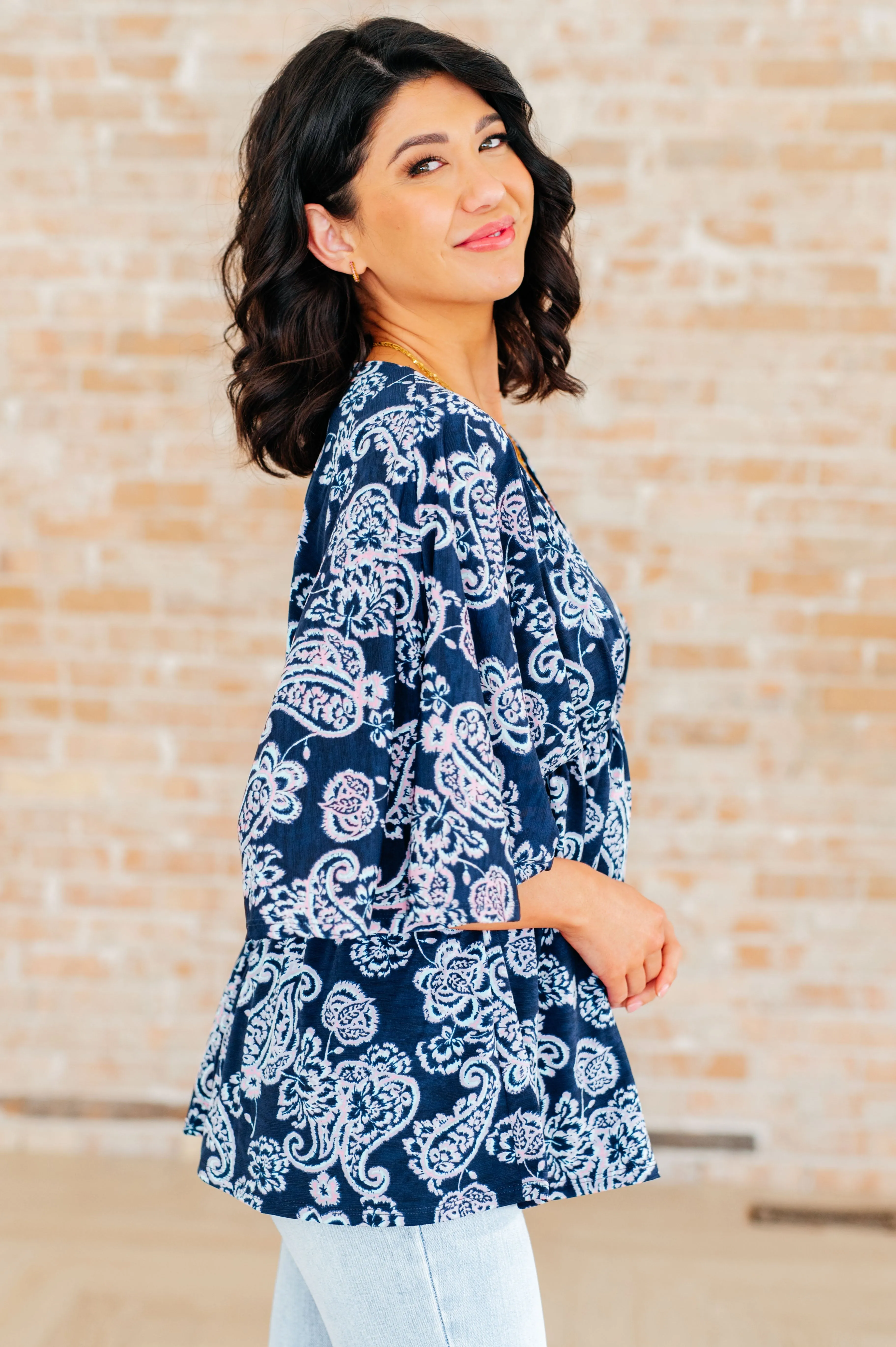 Dear Scarlett Navy and Pink Paisley Dreamer Peplum Top