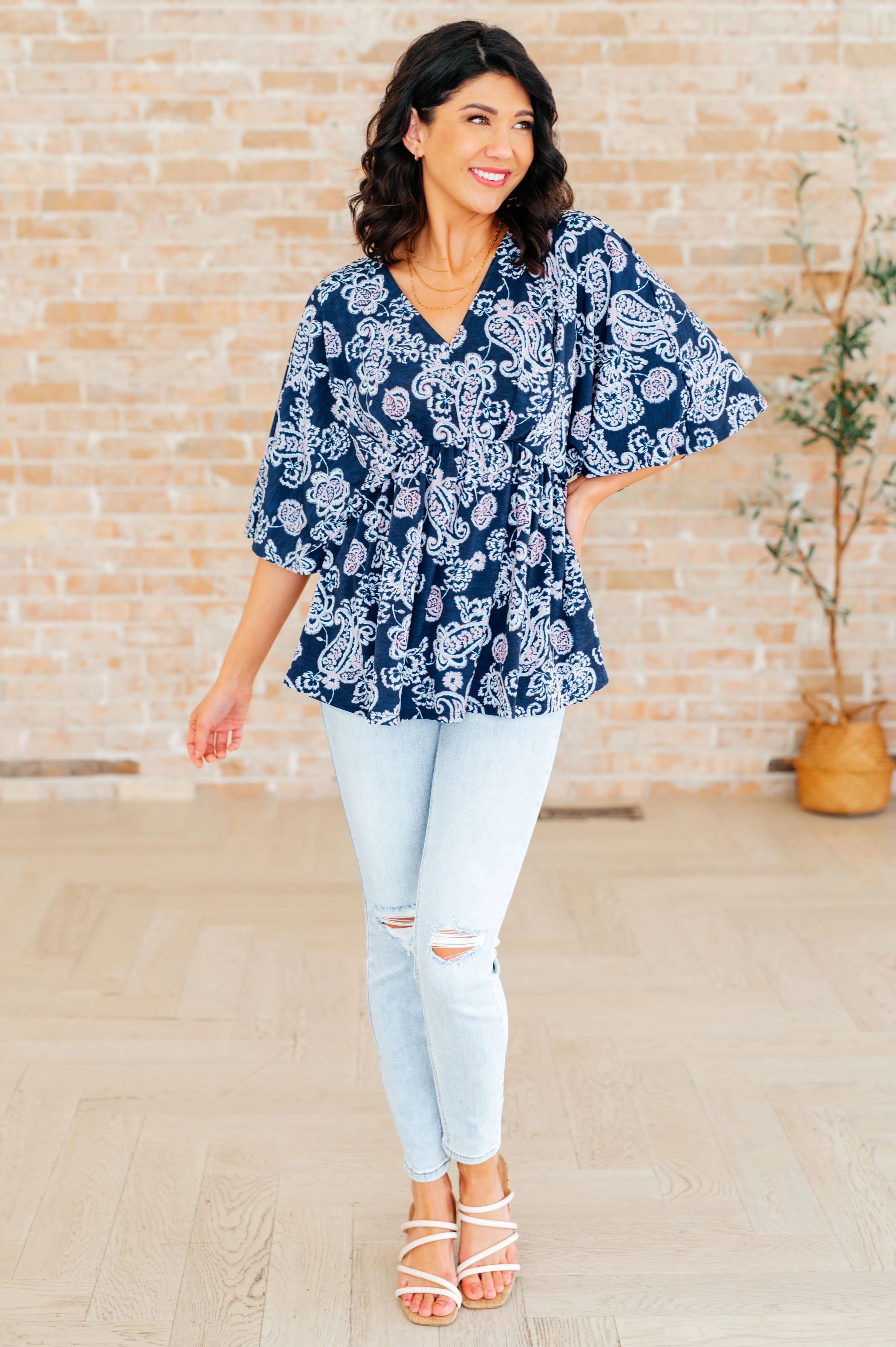 Dear Scarlett Navy and Pink Paisley Dreamer Peplum Top