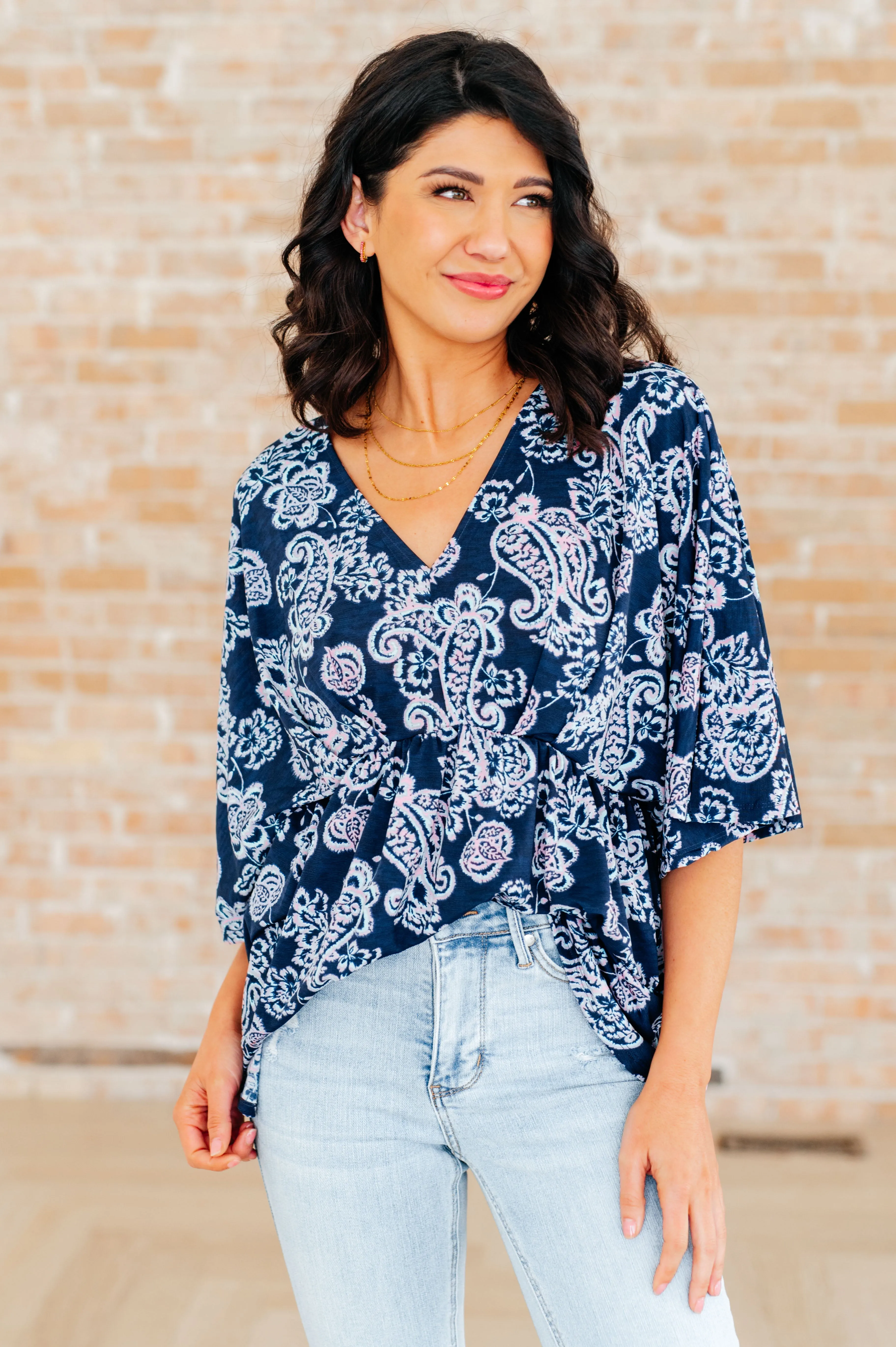 Dear Scarlett Navy and Pink Paisley Dreamer Peplum Top