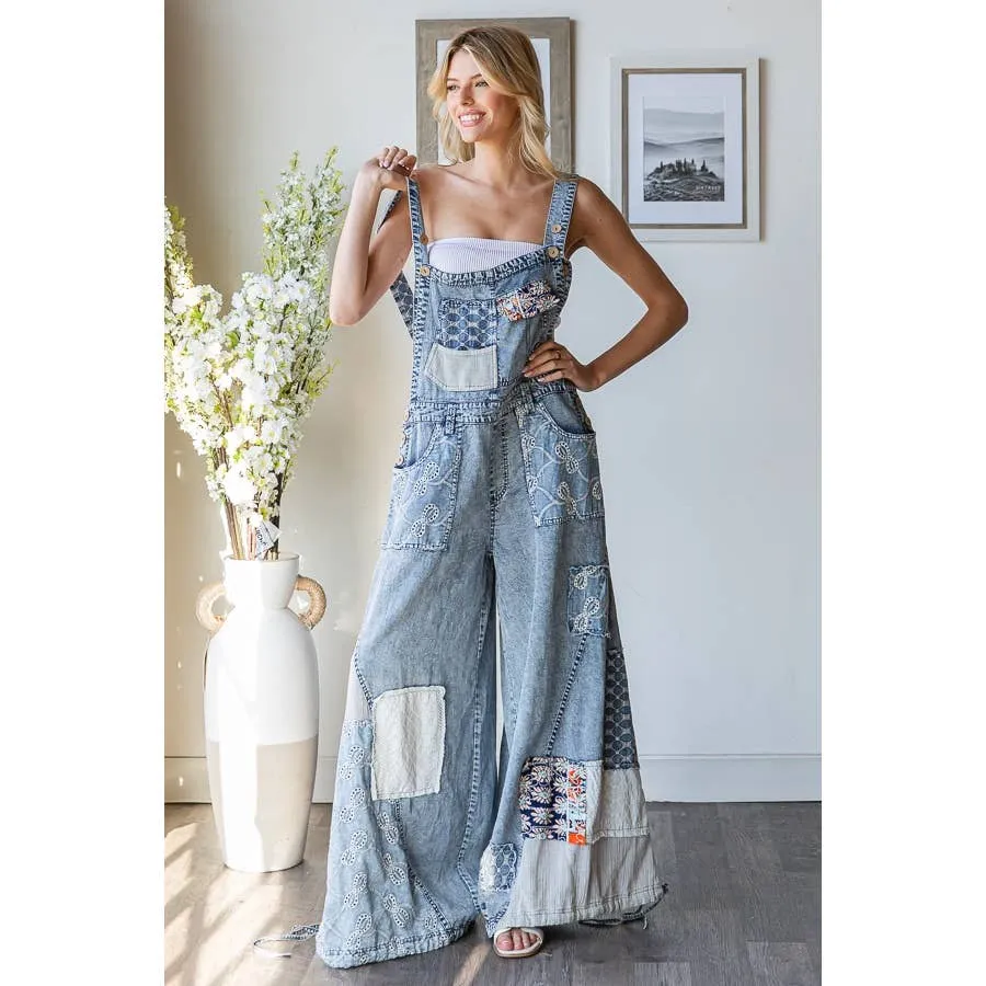 Denim Washed Multi Patchwork Tencel Oli Hali Overalls