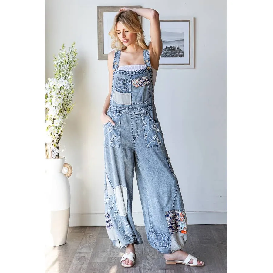 Denim Washed Multi Patchwork Tencel Oli Hali Overalls
