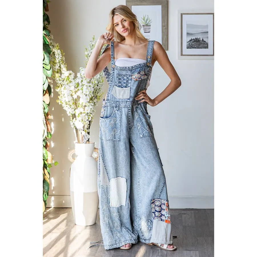 Denim Washed Multi Patchwork Tencel Oli Hali Overalls