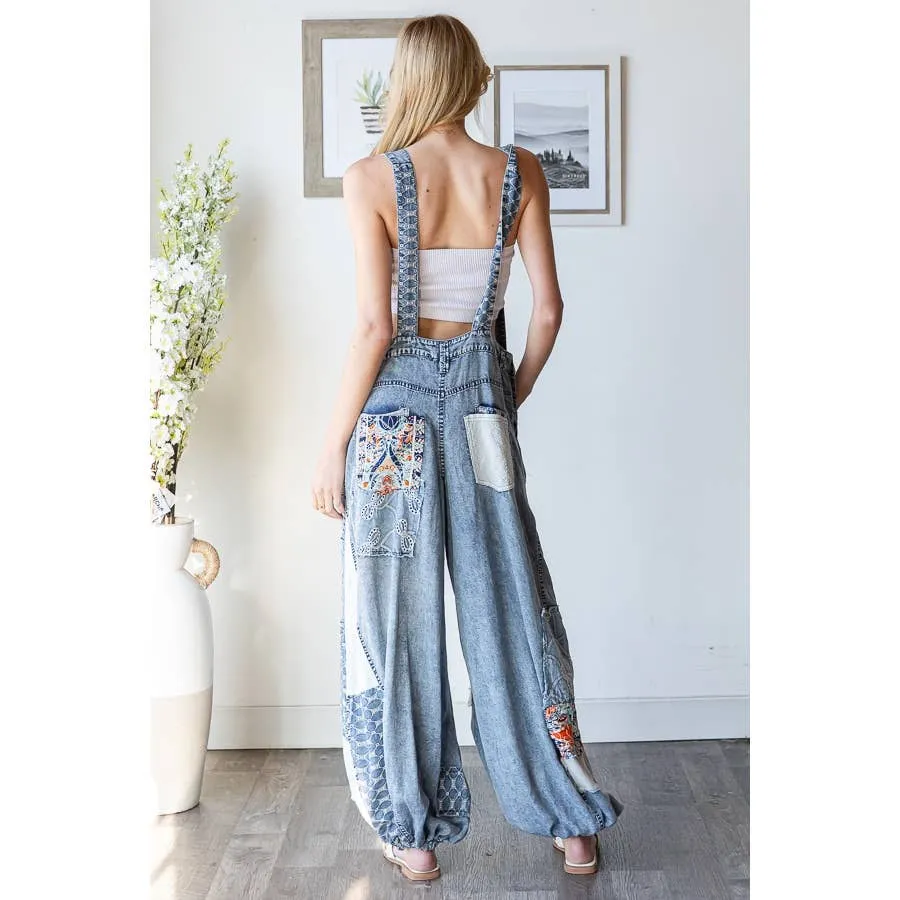 Denim Washed Multi Patchwork Tencel Oli Hali Overalls