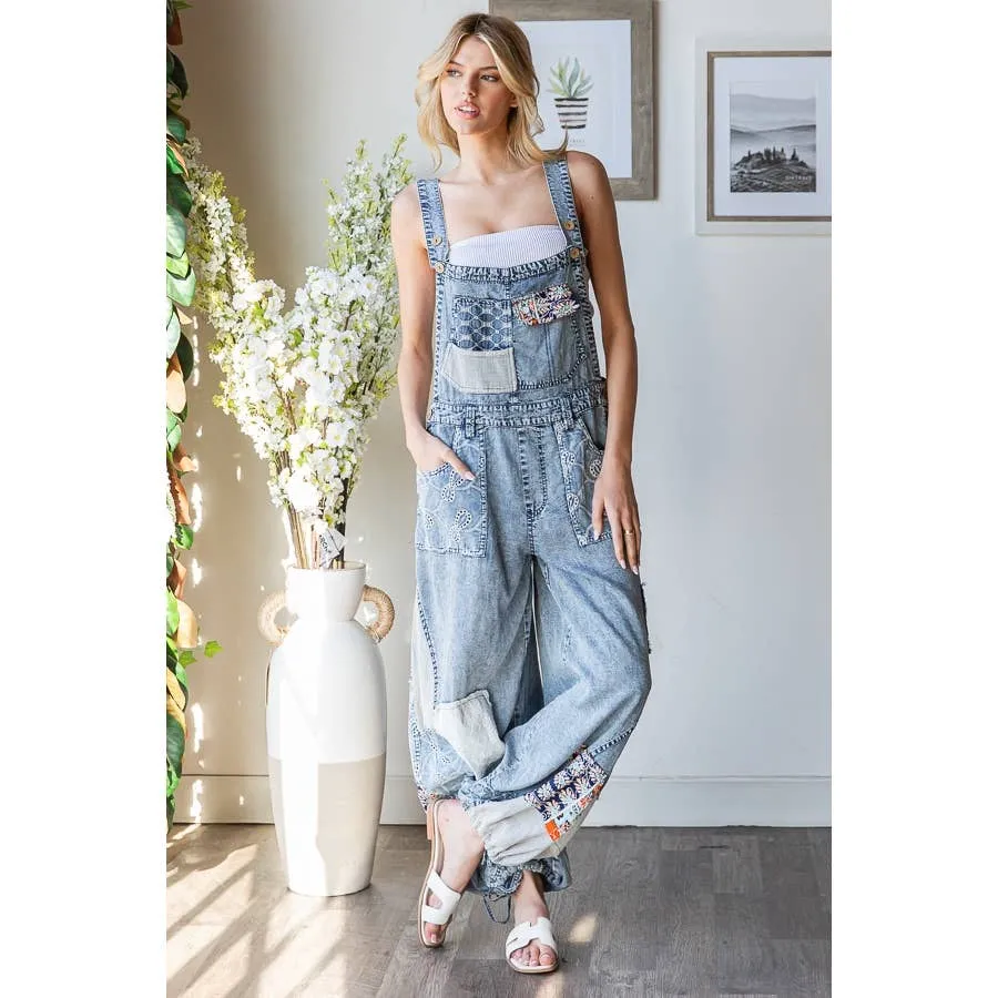 Denim Washed Multi Patchwork Tencel Oli Hali Overalls