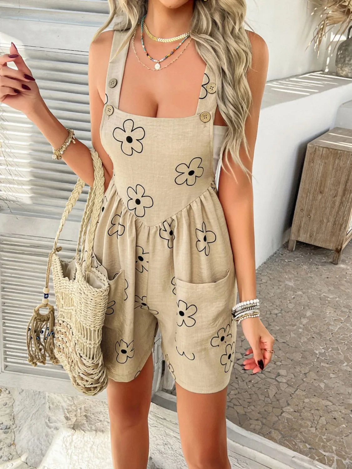 Devine Flower Wide Strap Overalls with Pockets S-XL