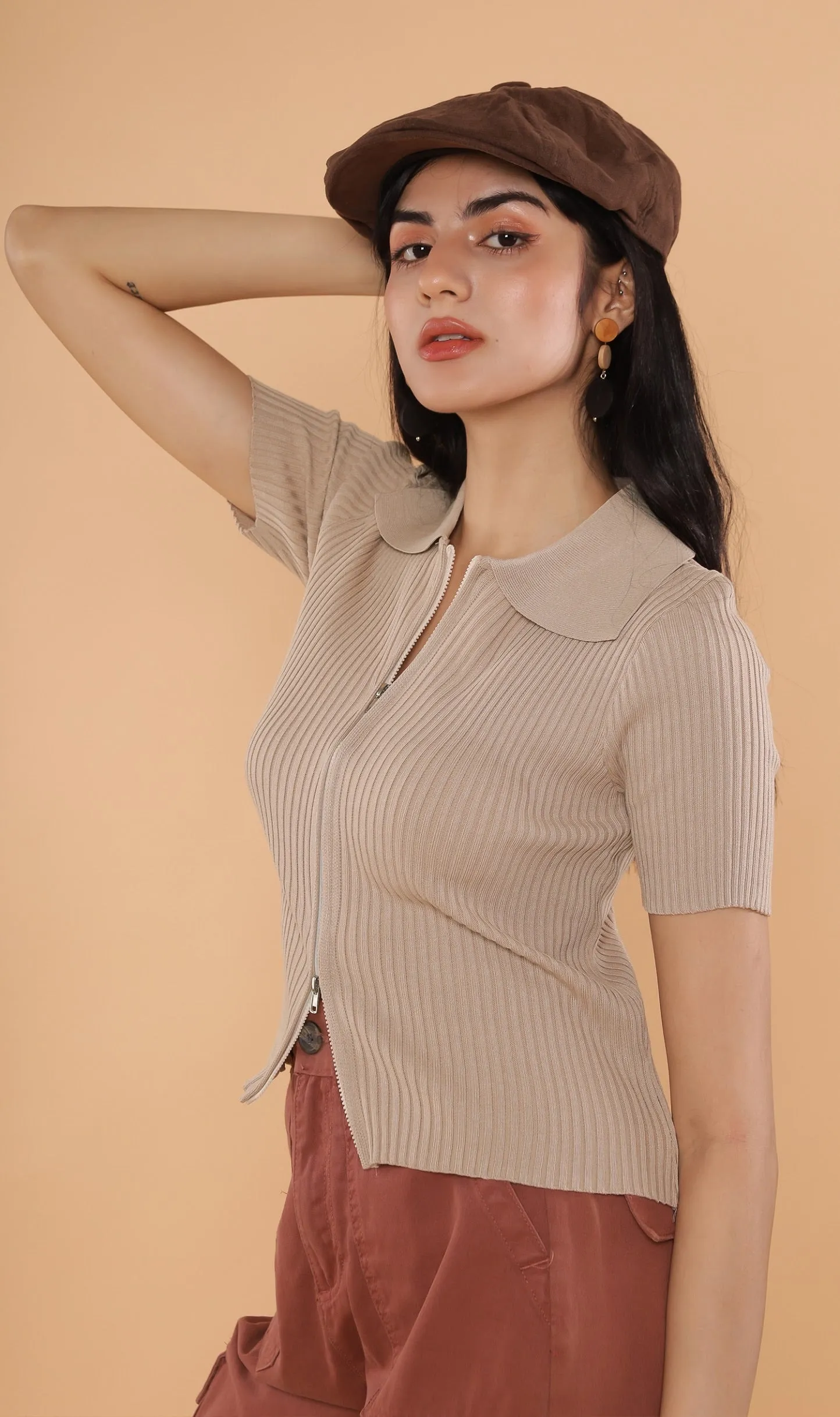 DEVYN 2-Way Zip Knit Top (Nude)