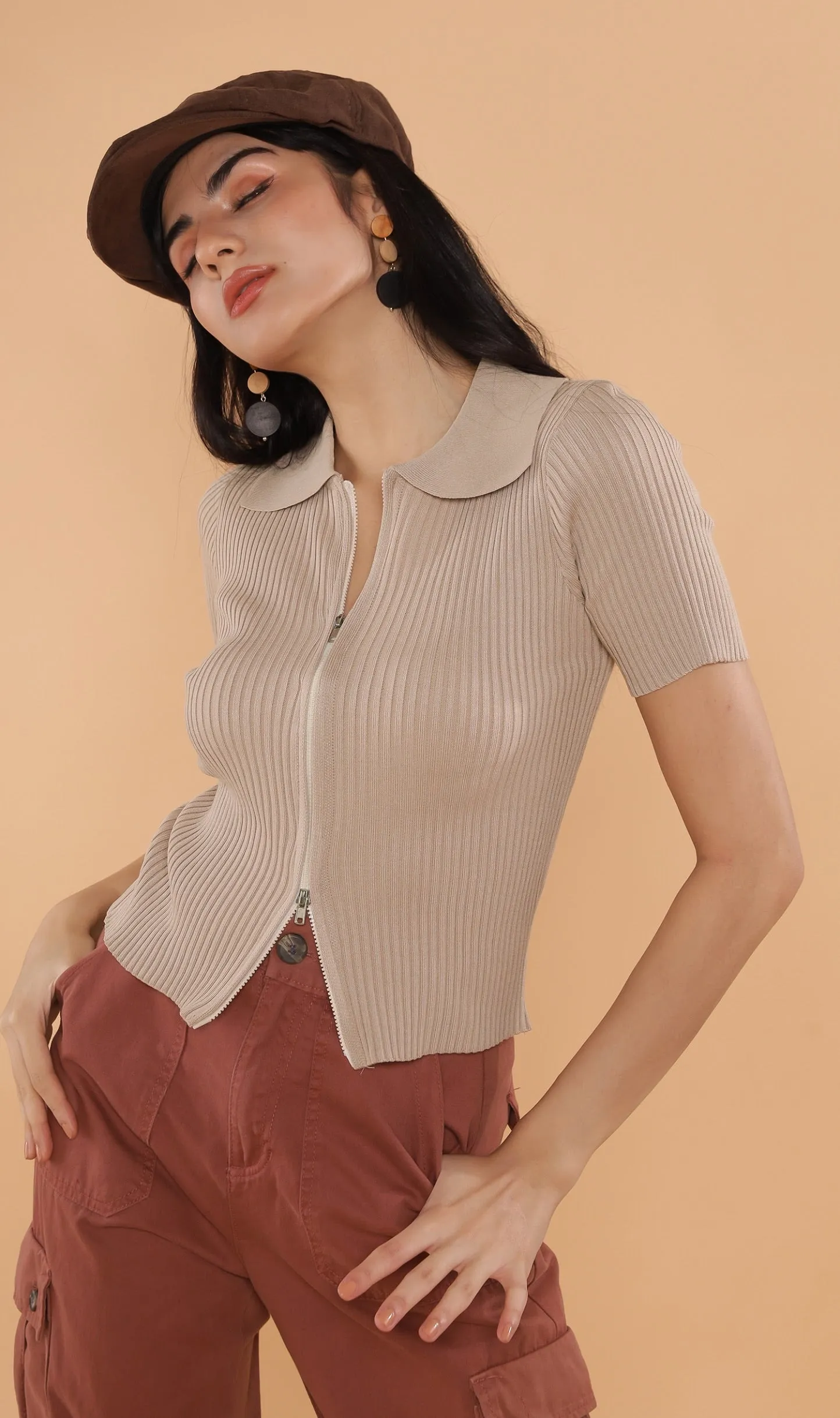 DEVYN 2-Way Zip Knit Top (Nude)