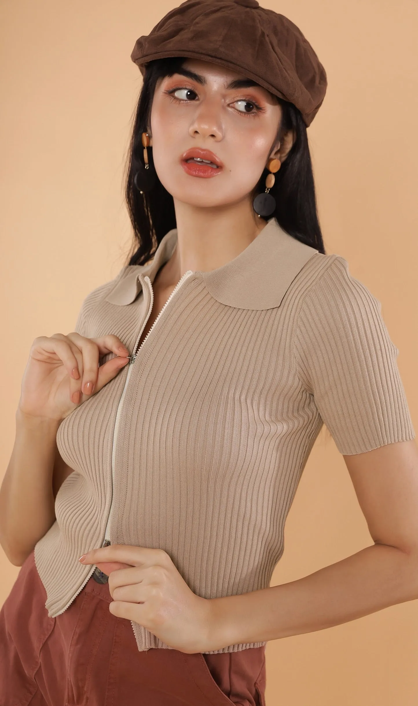 DEVYN 2-Way Zip Knit Top (Nude)
