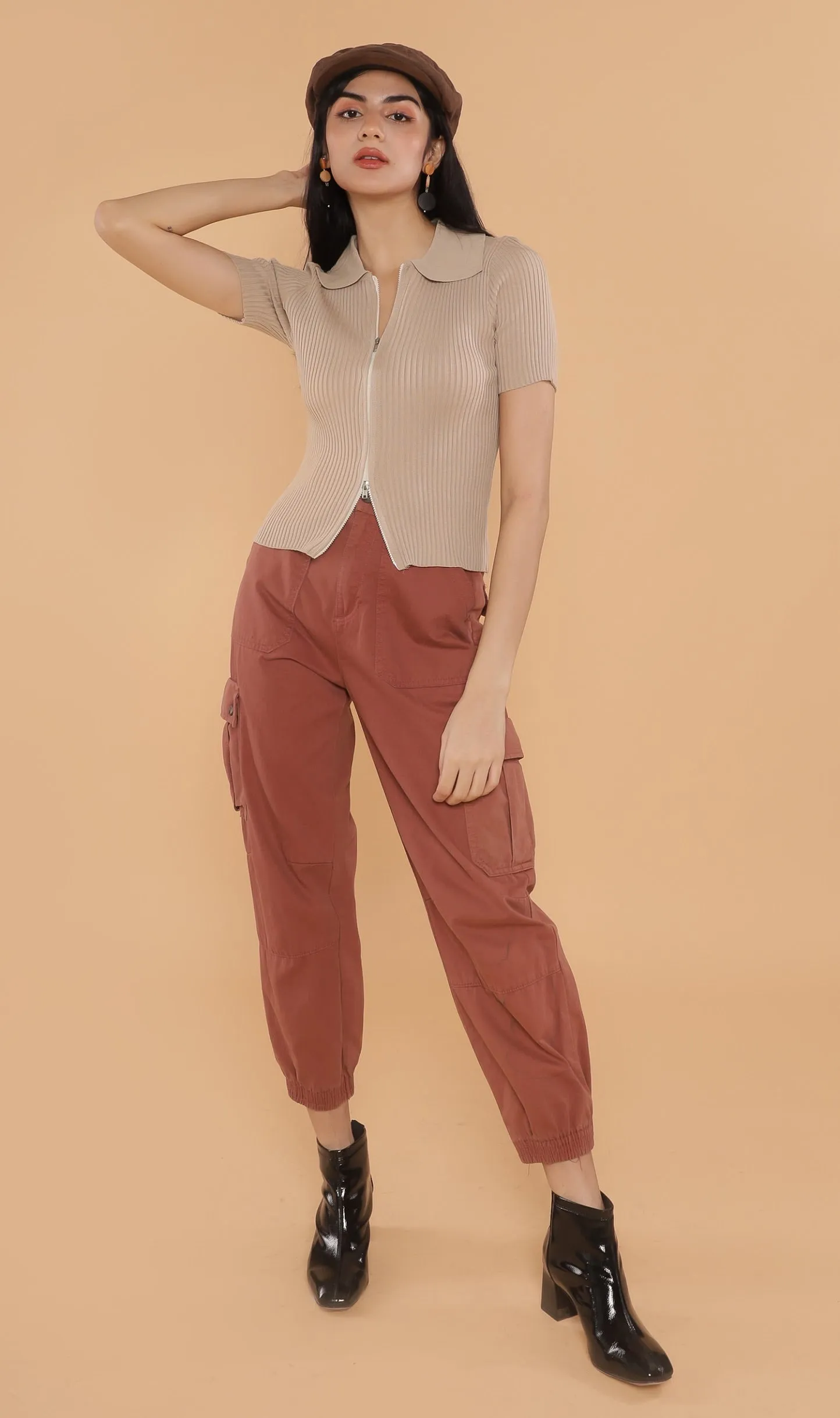 DEVYN 2-Way Zip Knit Top (Nude)