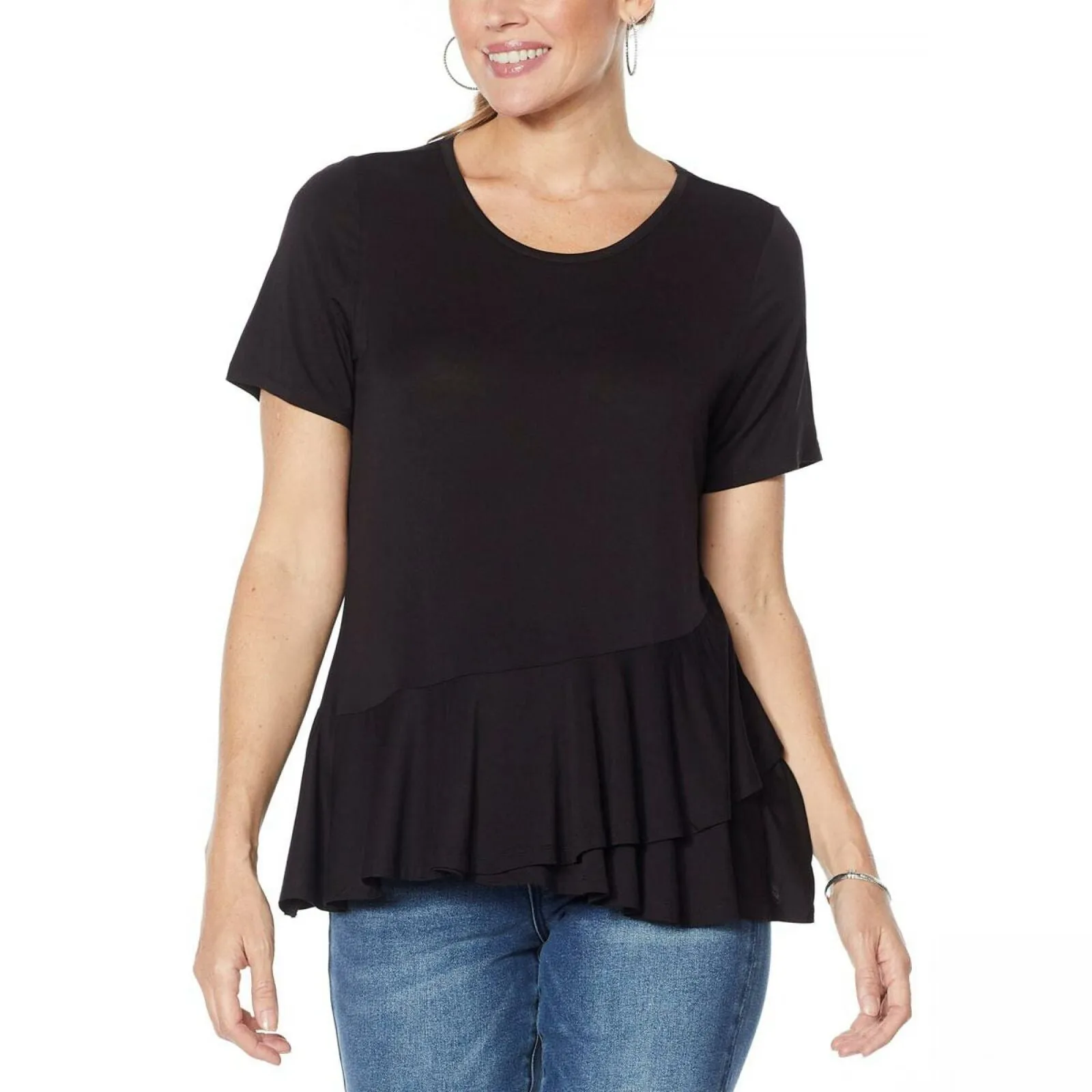 DG2 by Diane Gilman Sustainable Bamboo Crossover Peplum Top Black Plus 1X