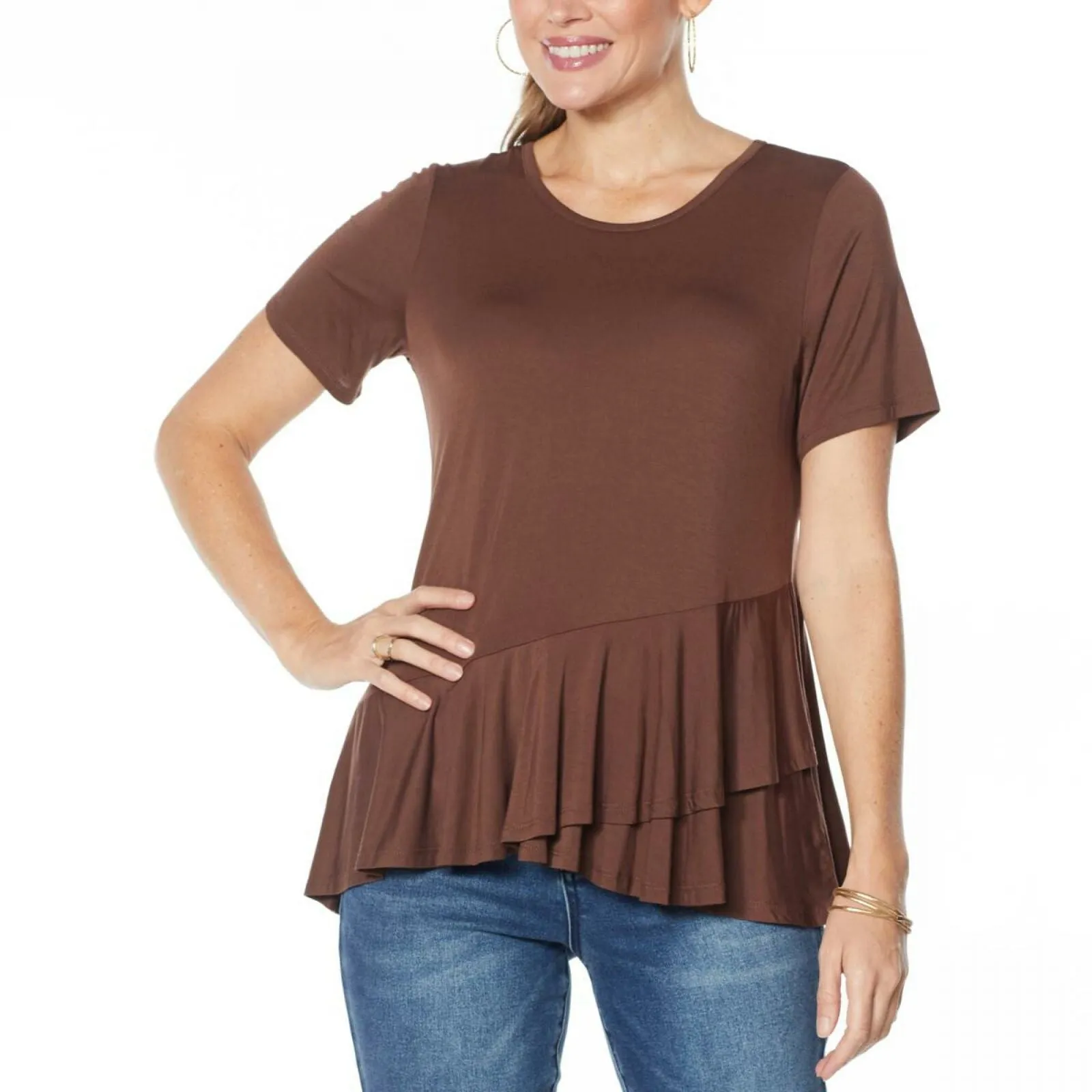 DG2 by Diane Gilman Women's Crossover Peplum Top Brown Medium