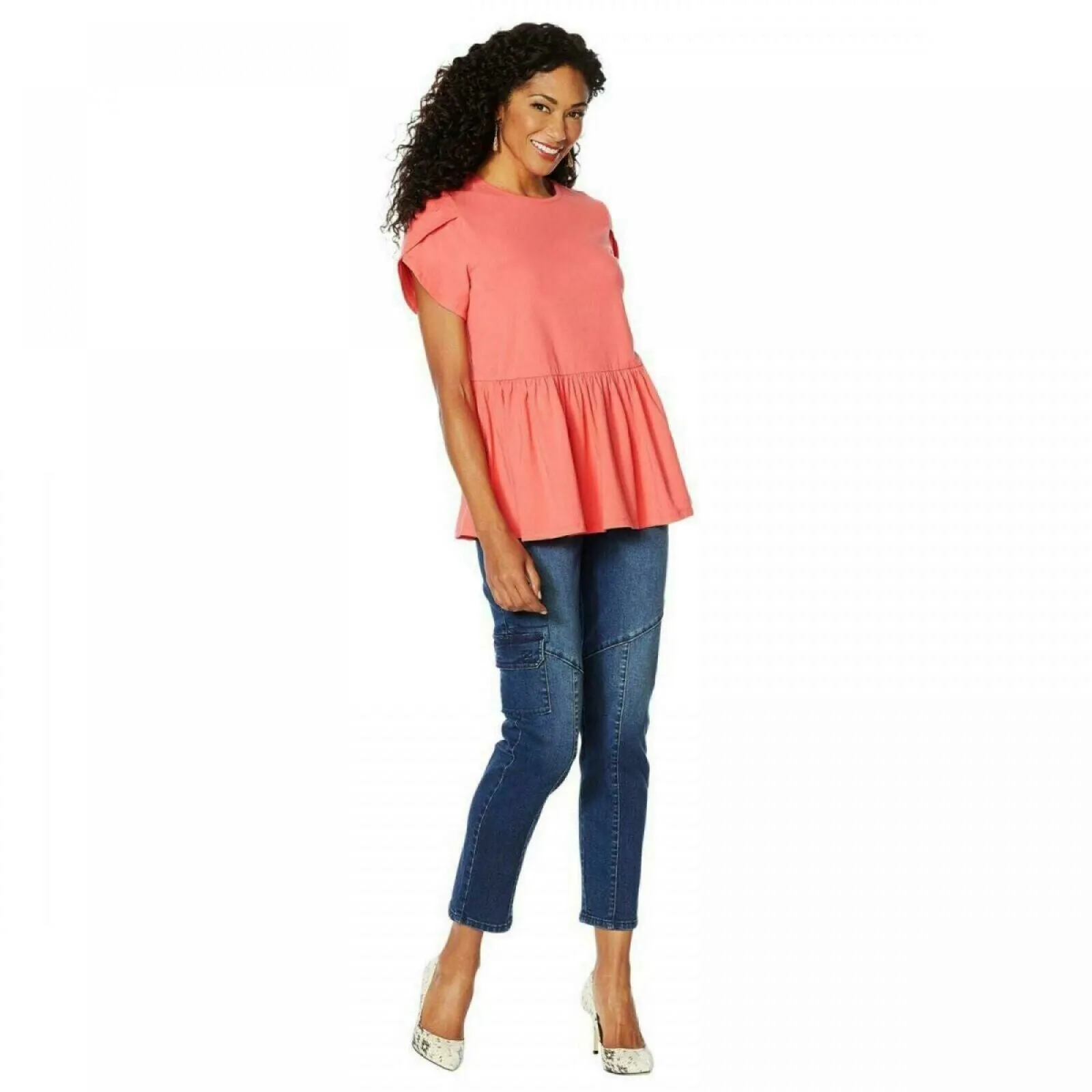 DG2 by Diane Gilman Women's Petal Sleeve Peplum Top Salmon XL
