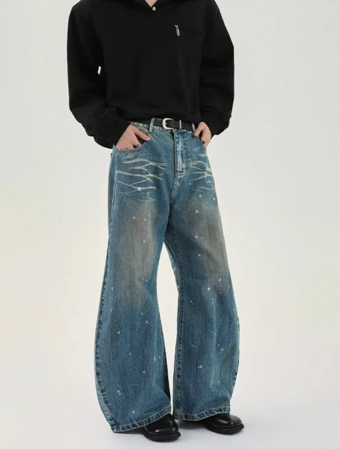 Distressed Ink-Splashed Straight-Leg Jeans