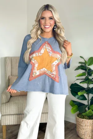 Dusty Navy Half Sleeve Star Patch Top