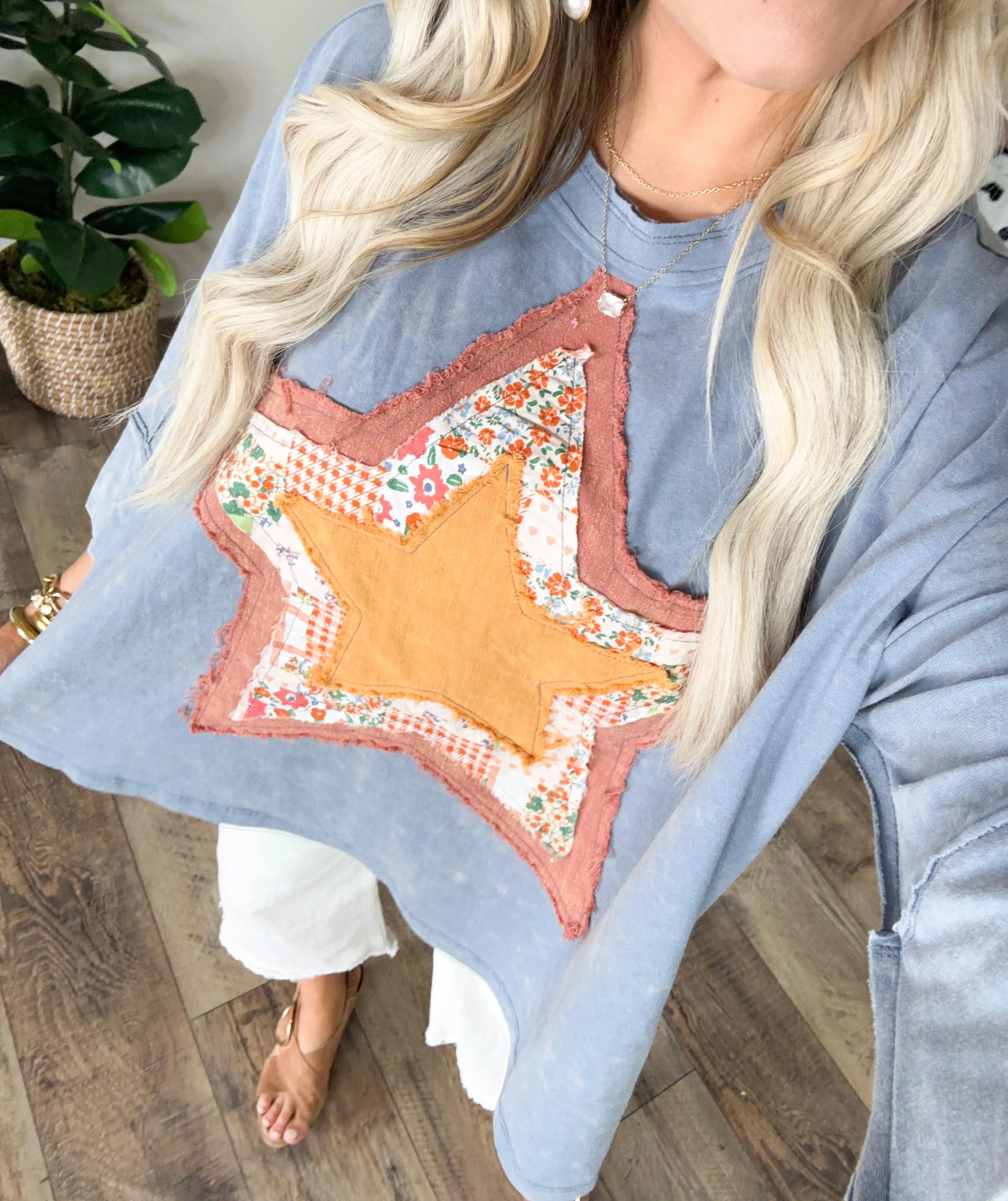 Dusty Navy Half Sleeve Star Patch Top