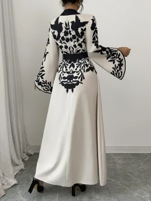 Elegant Fall Women's Printed Peplum Dress – Casual V-Neck Floral Long Dress, Polyester-Elastane Blend