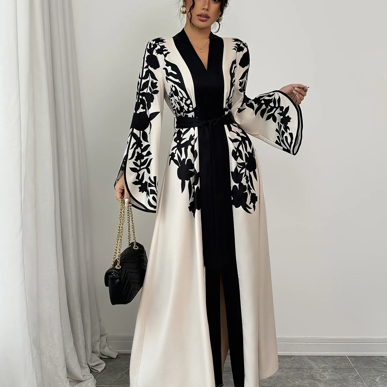 Elegant Fall Women's Printed Peplum Dress – Casual V-Neck Floral Long Dress, Polyester-Elastane Blend