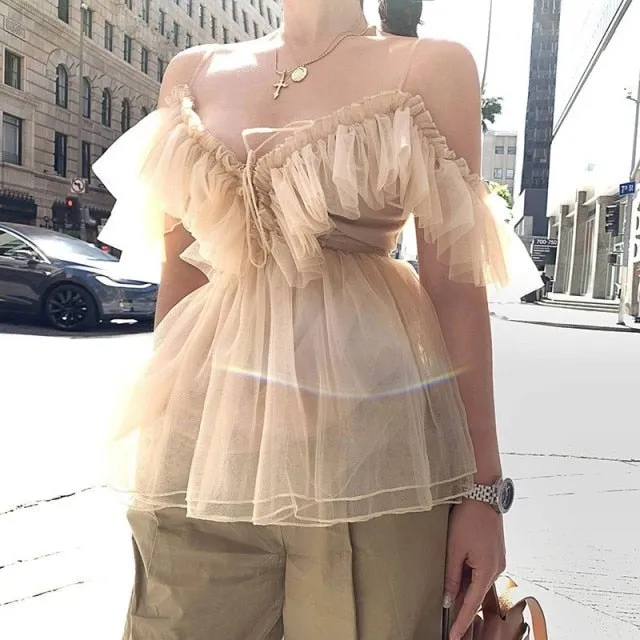 Elegant Ruffled Off Shoulder Mesh Tunic
