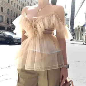 Elegant Ruffled Off Shoulder Mesh Tunic