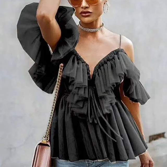 Elegant Ruffled Off Shoulder Mesh Tunic