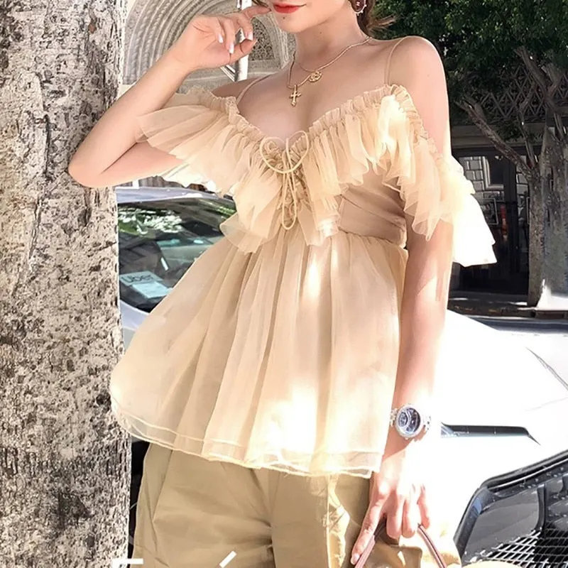Elegant Ruffled Off Shoulder Mesh Tunic