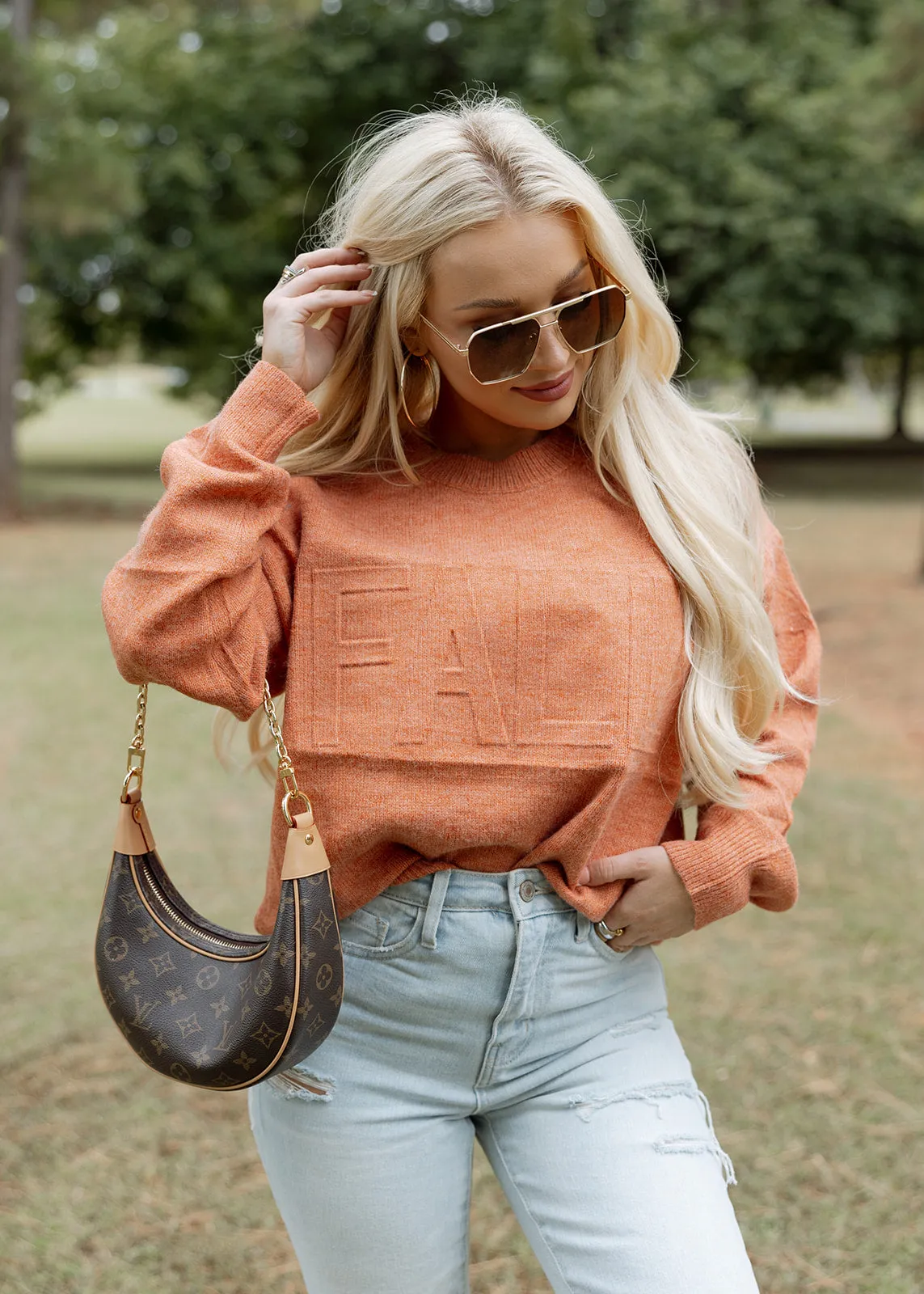 Embossed FALL Rust Sweater