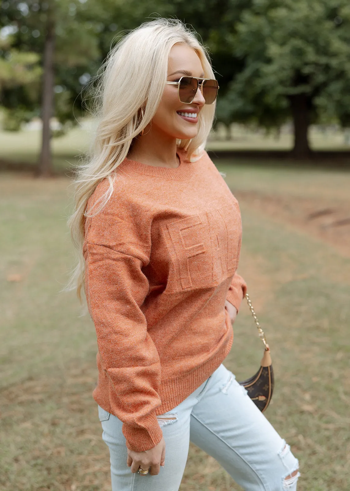 Embossed FALL Rust Sweater