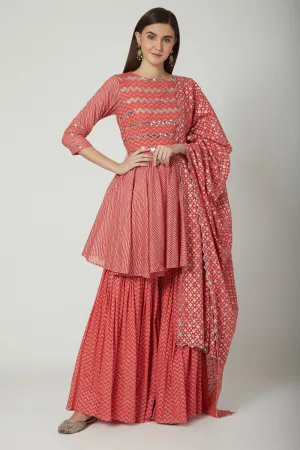 Embroidered & Printed Peach Sharara Set