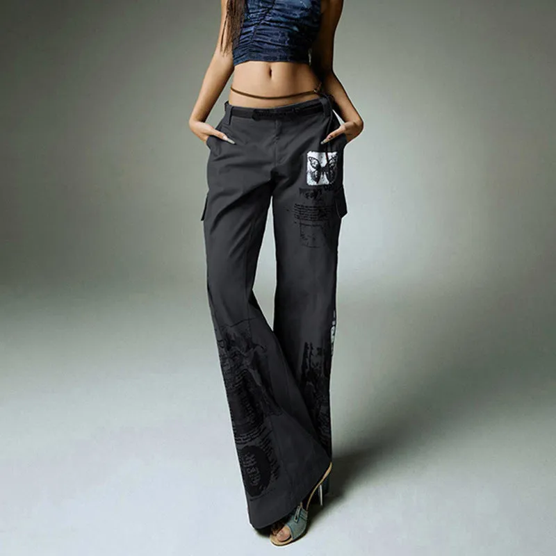 European and American Street Style Creative Graffiti Printing Retro Casual Pants Female Cross-Border New Arrival Low Waist Sexy Baggy Straight Trousers