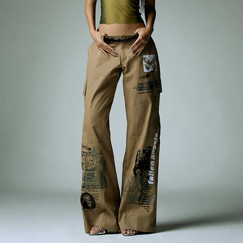 European and American Street Style Creative Graffiti Printing Retro Casual Pants Female Cross-Border New Arrival Low Waist Sexy Baggy Straight Trousers