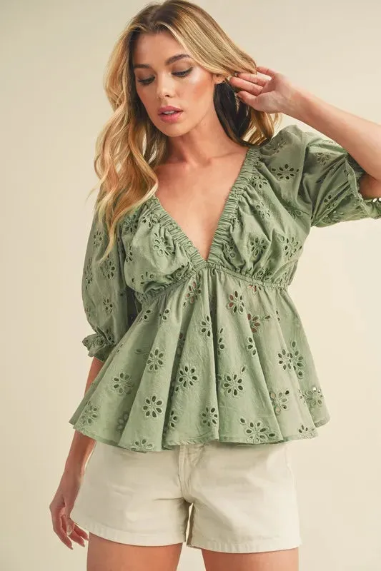 Eyelet Embroidered V-Neck Half Sleeve Peplum Blouse