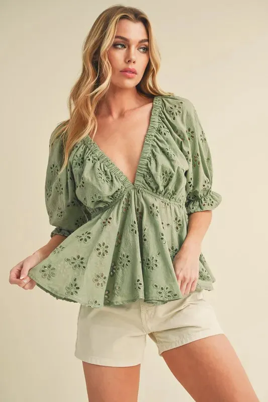 Eyelet Embroidered V-Neck Half Sleeve Peplum Blouse