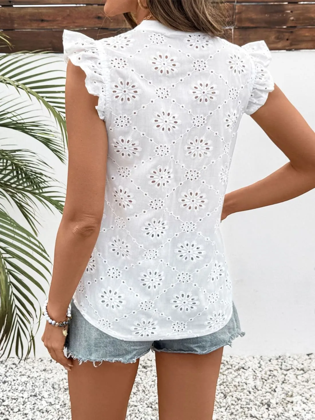Eyelet Ruffled Cap Sleeve Blouse