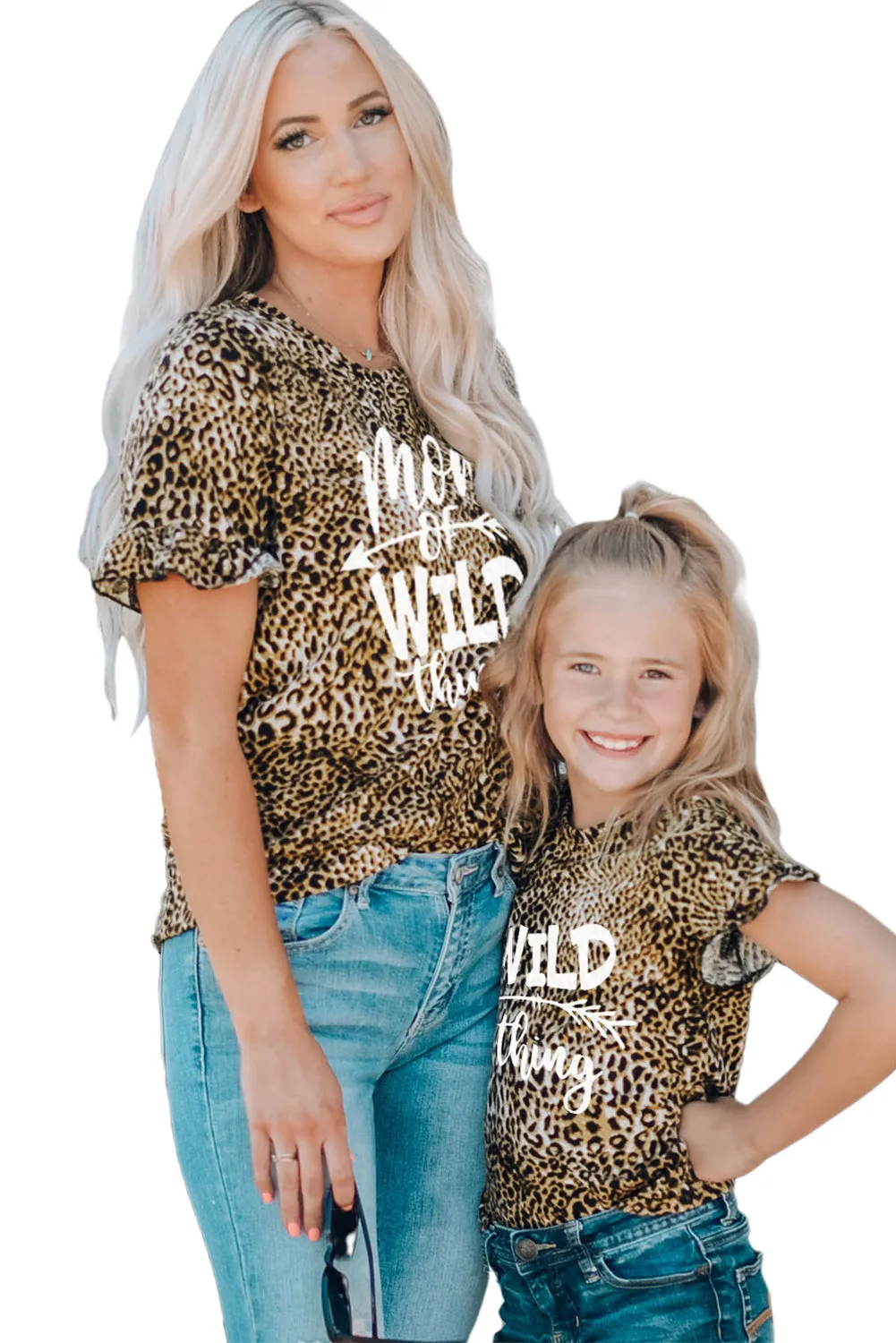 Family Matching Leopard Letter Print Ruffled Short Sleeve Top