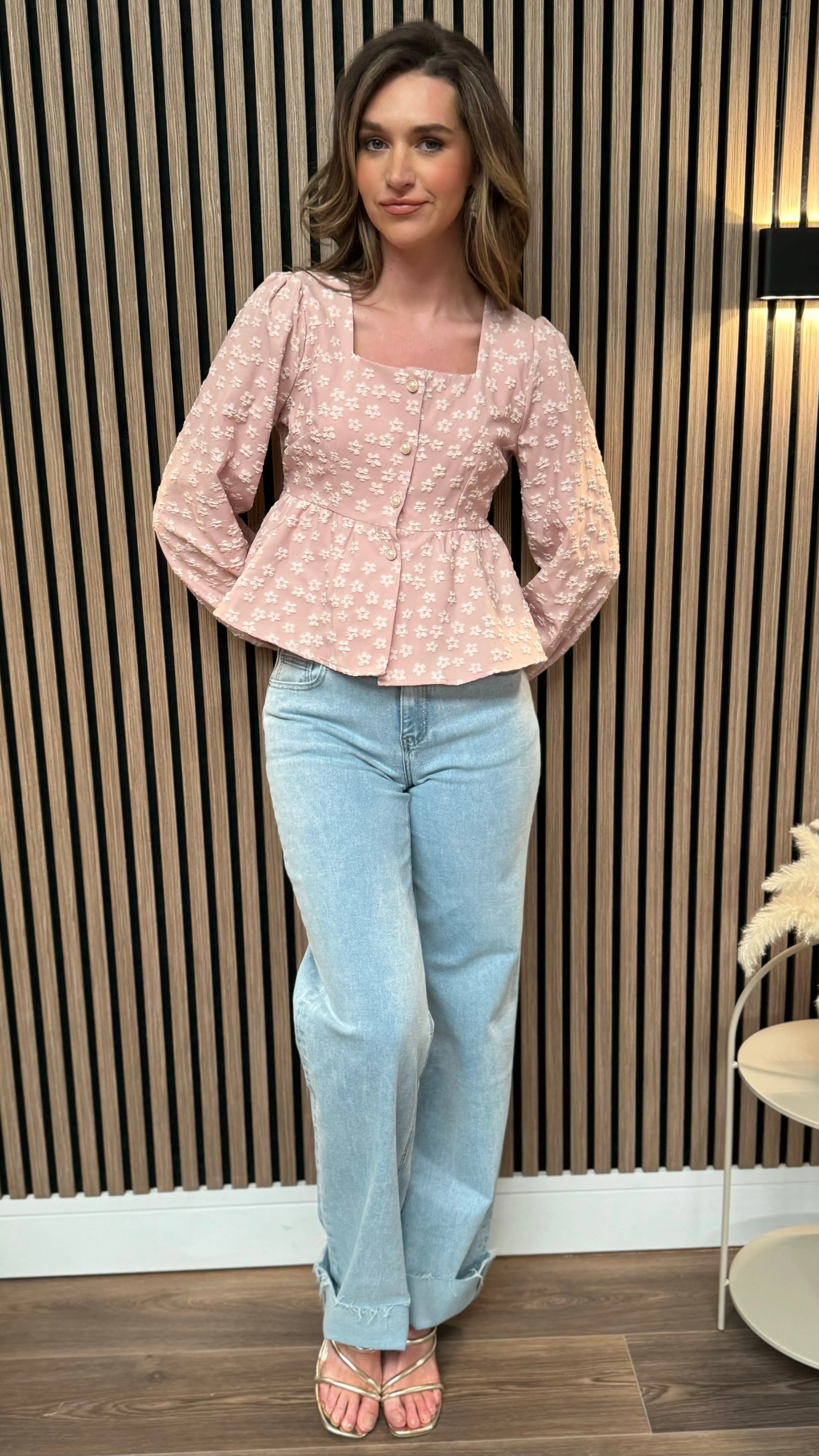 Farren Dusky Pink Floral Printed Button Down Peplum Top