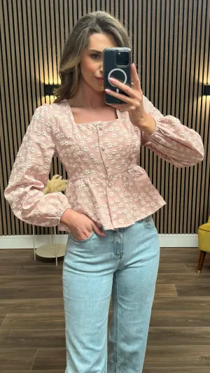 Farren Dusky Pink Floral Printed Button Down Peplum Top