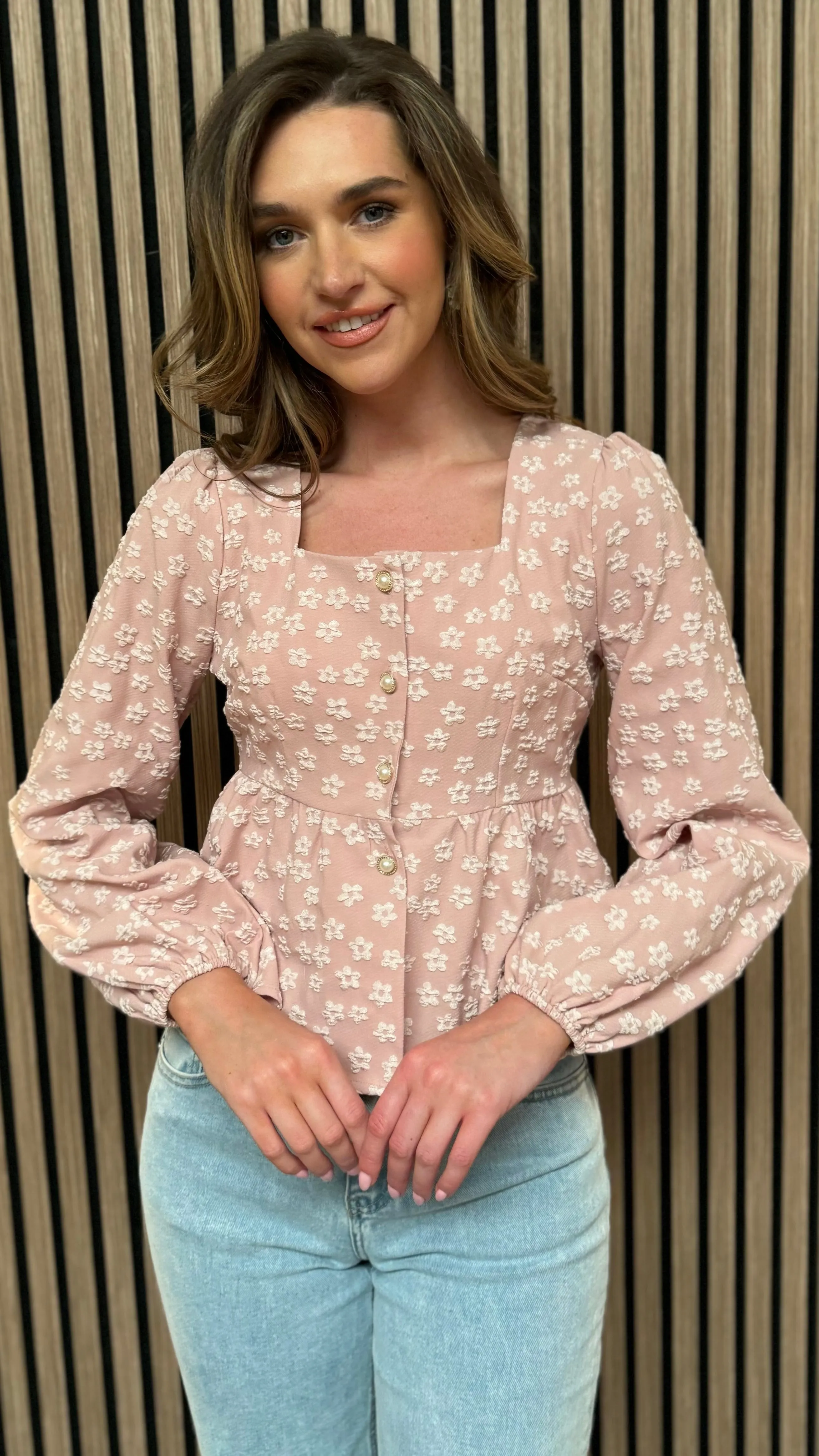 Farren Dusky Pink Floral Printed Button Down Peplum Top