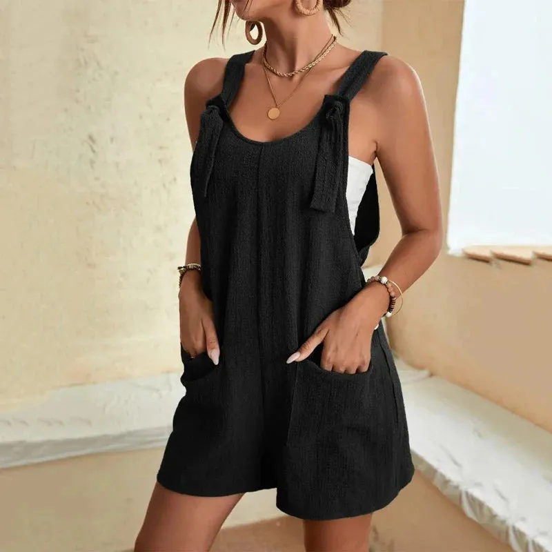 Fashion Women's Jumpsuit Strappy Sleeveless Casual Loose Solid With Pockets Short Overalls Office Ladies Streetwear