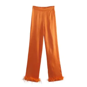 Feather Trim Straight Leg Trousers
