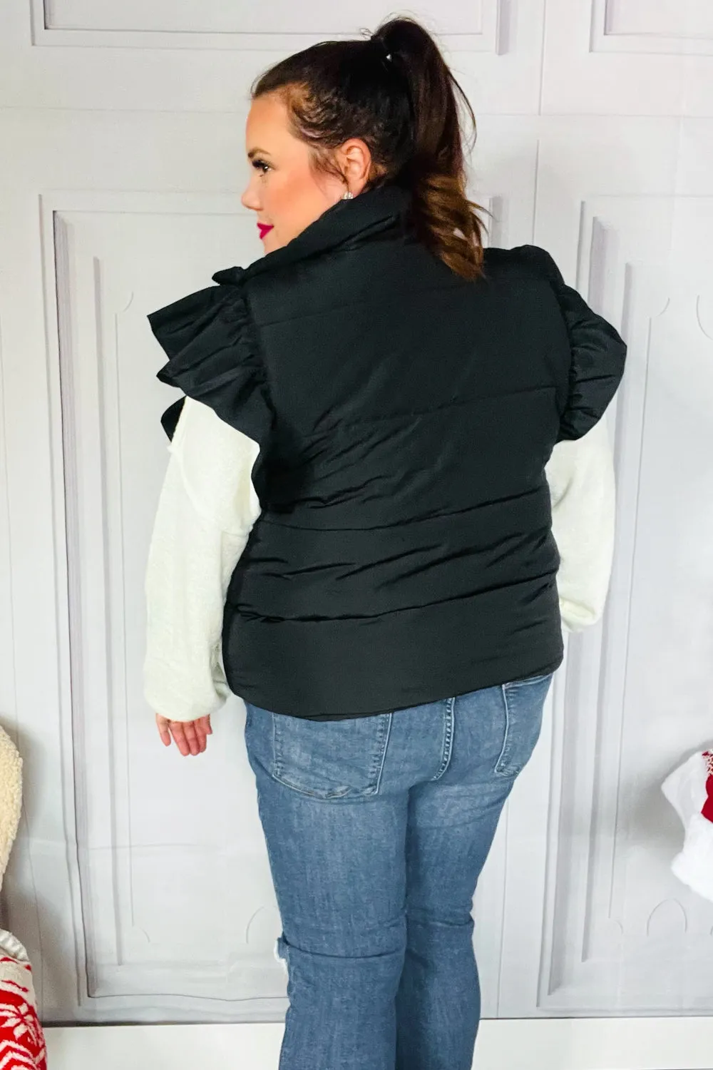 Feeling Festive Black Zipper Up Quilted Ruffle Sleeve Puffer Vest