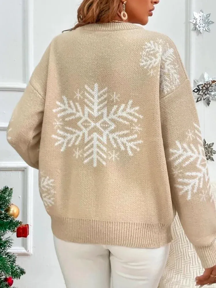 Festival Long Sleeves Snowflake Crochet Round-Neck Sweater Tops