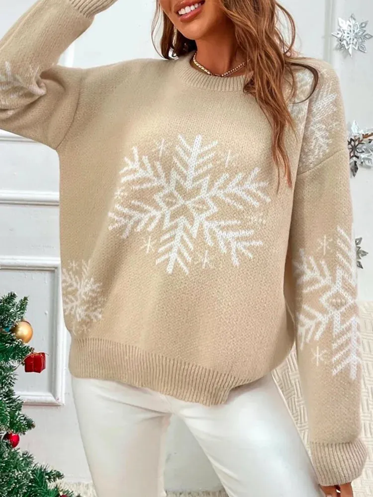 Festival Long Sleeves Snowflake Crochet Round-Neck Sweater Tops